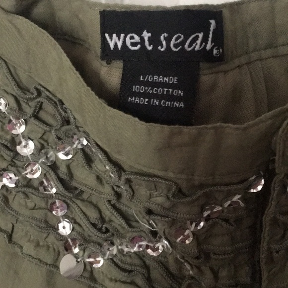 NWOT Military Green Sequins Boho Flare Leg Pants - Picture 4 of 6